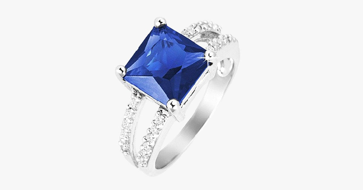 Sapphire Princes Cut Ring w/ Split Pave CZ Stones Rhodium Over Brass