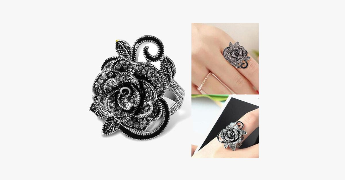Black Rose Silver Plated Crystal Ring