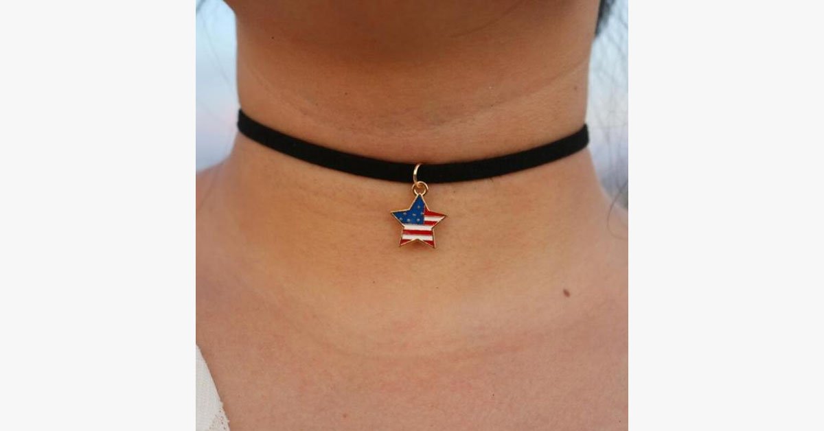 American Flag Choker Necklace - 16 Inches Adjustable, Red White & Blue Patriotic Jewelry