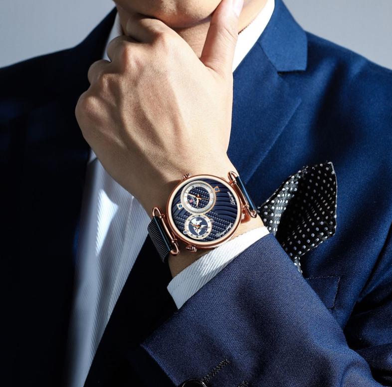 Men's Waterproof Japanese Quartz Watch, With Two Time Zone & Stainless Steel Band