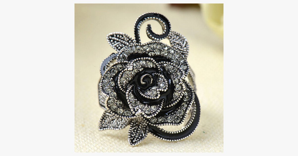 Black Rose Silver Plated Crystal Ring