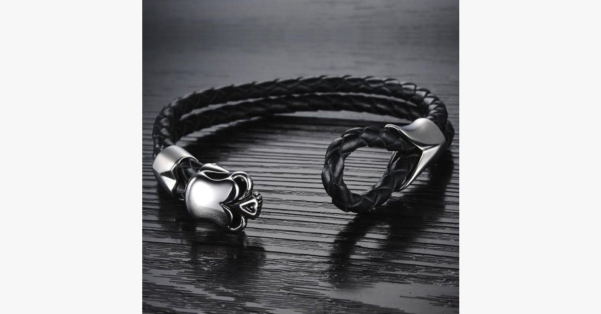 Dirty Skull Black Leather Men's Bracelet