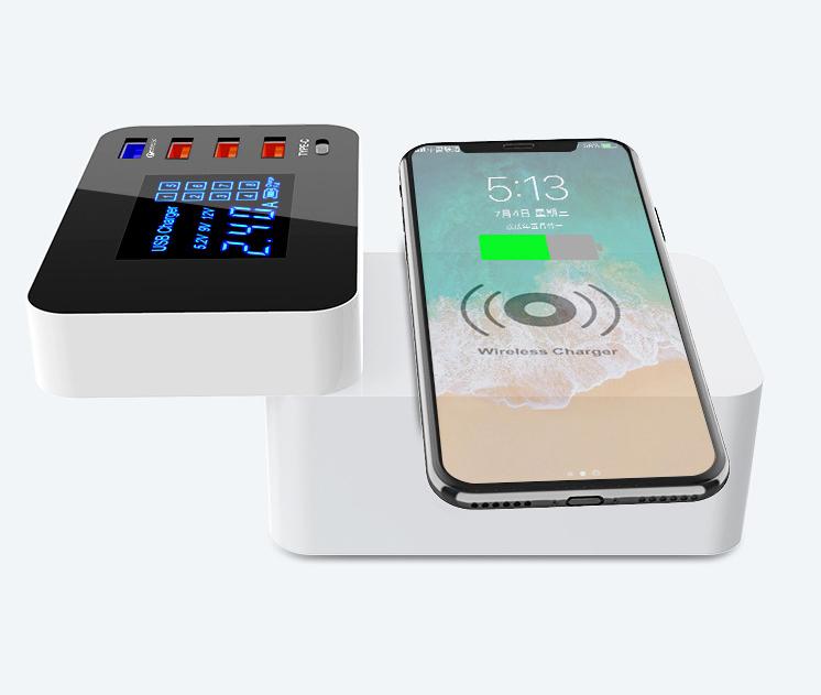 5-port QC 3.0 USB & Type-C Wired & Wireless Charge Station with Digital Display
