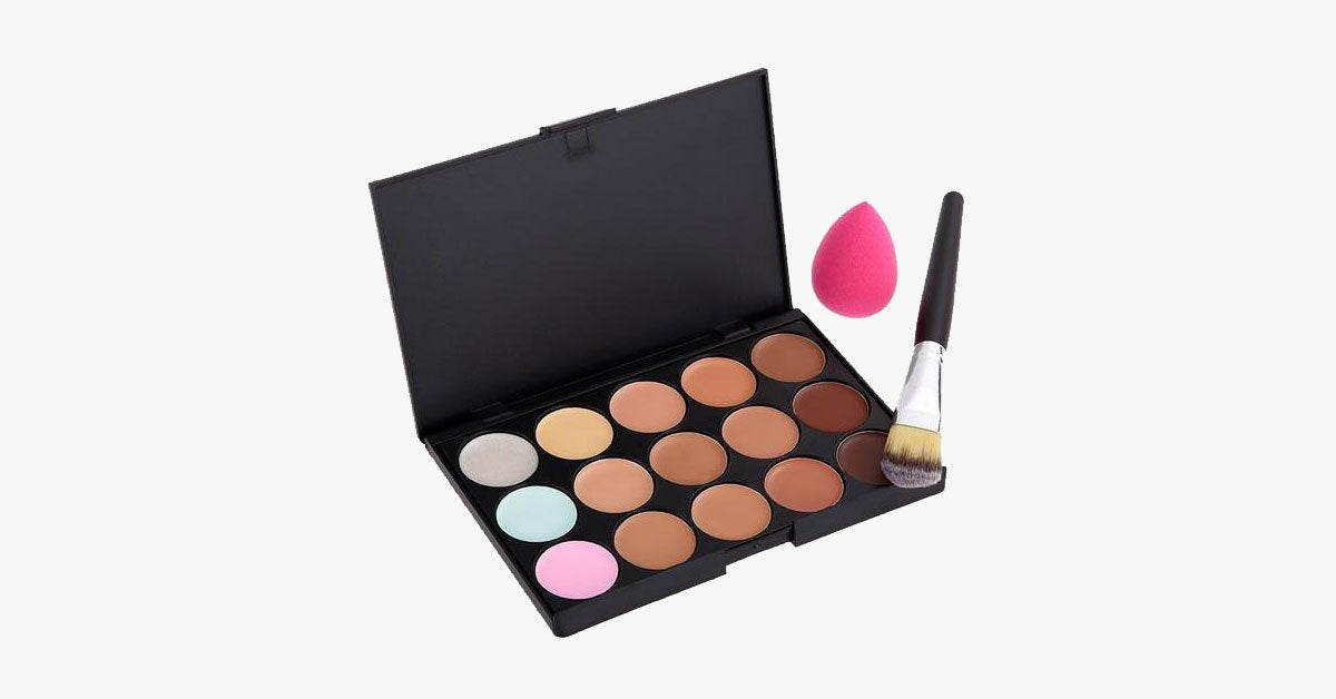 15 Color Concealer Palette with Angled Brush & Sponge – All in One Kit!