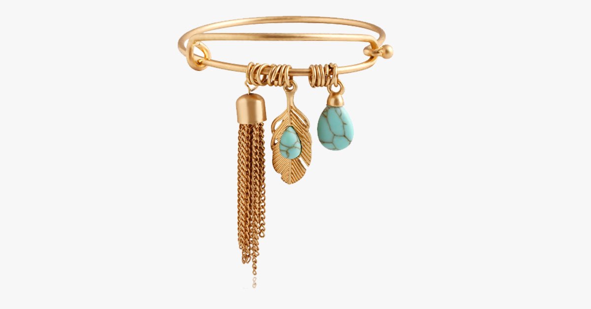 Vintage Turquoise Tassel Bangle 14K Gold Plated