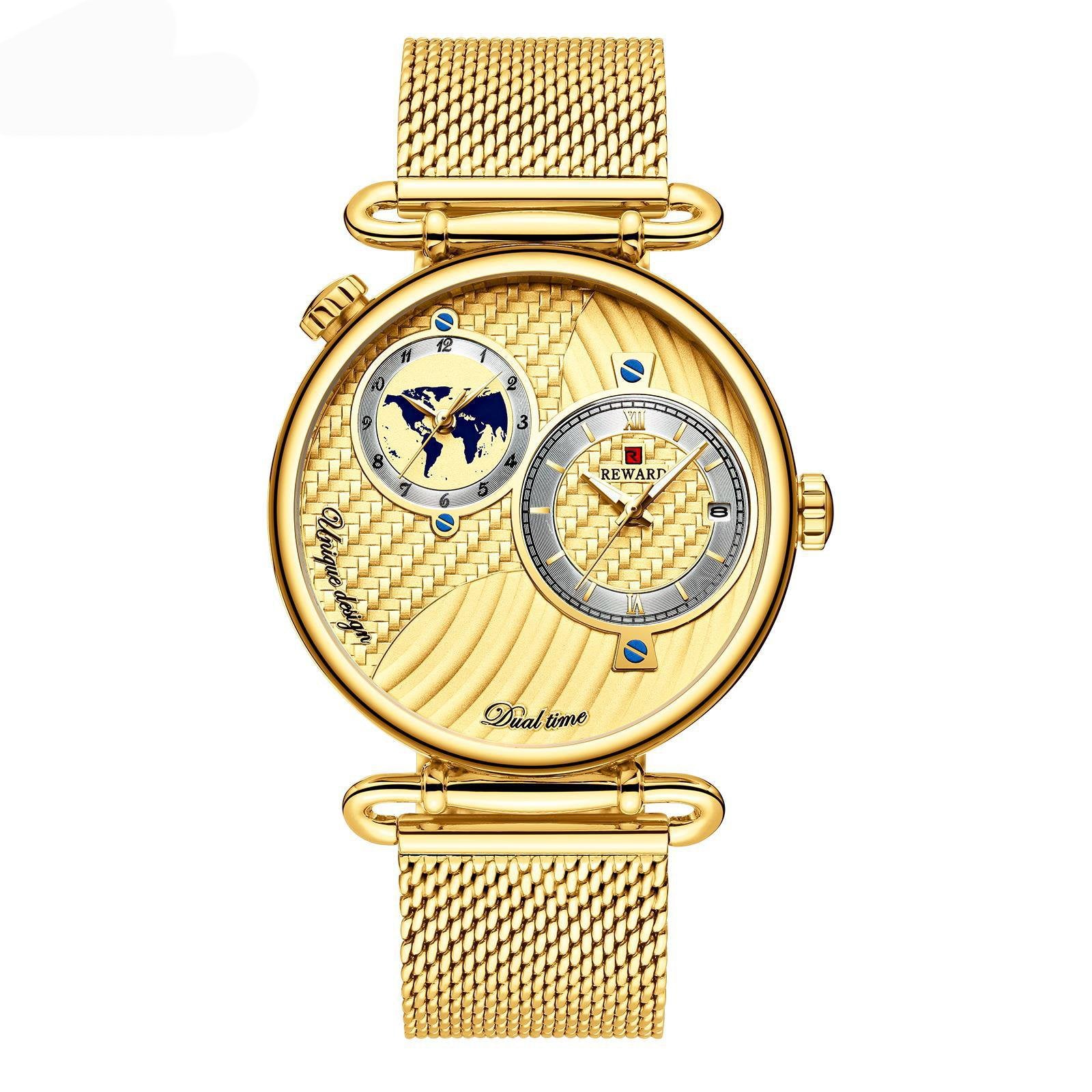 Men's Waterproof Japanese Quartz Watch, With Two Time Zone & Stainless Steel Band