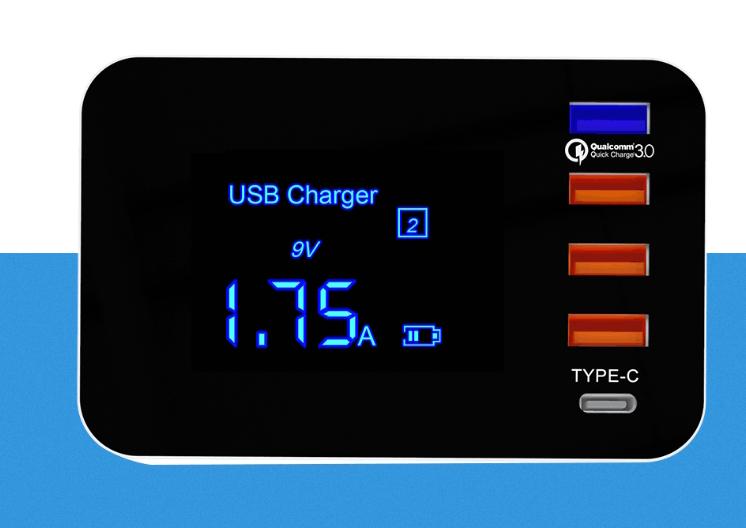 5-port QC 3.0 USB & Type-C Wired & Wireless Charge Station with Digital Display