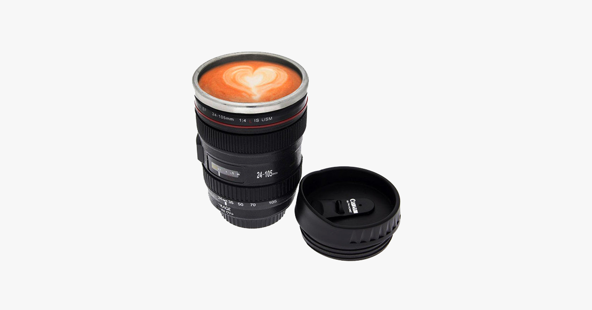SLR Camera Lens Stainless Steel Travel Coffee Mug with Leak-Proof Lid
