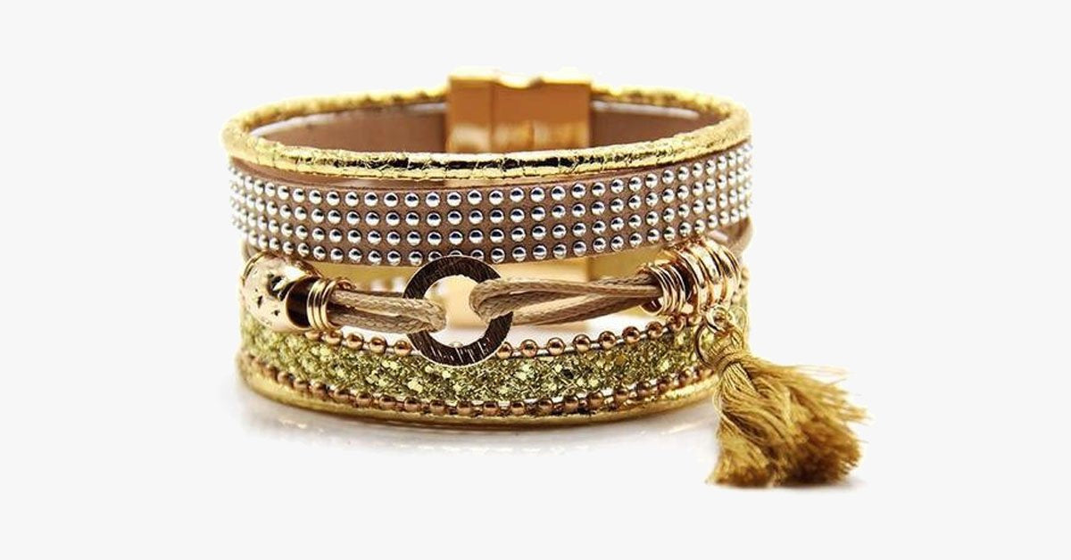 Rhinestone Leather Tassels Magnet Bracelet