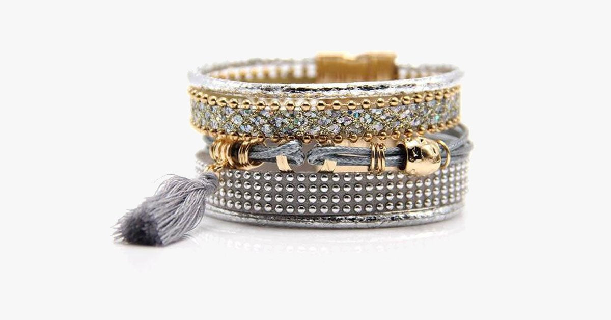 Rhinestone Leather Tassels Magnet Bracelet