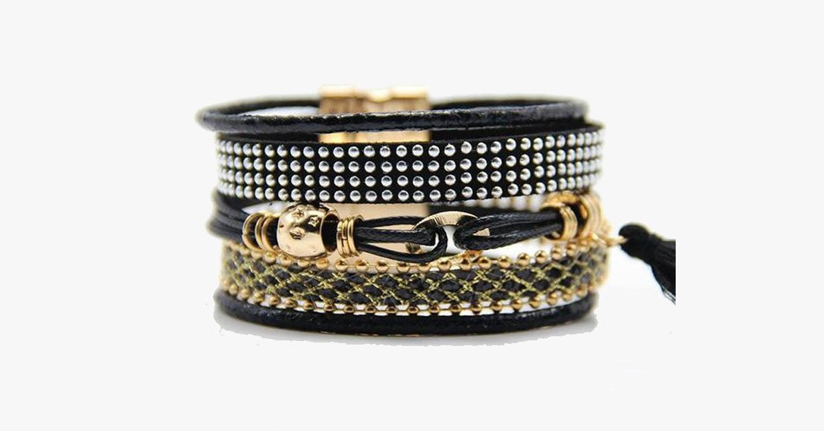 Rhinestone Leather Tassels Magnet Bracelet