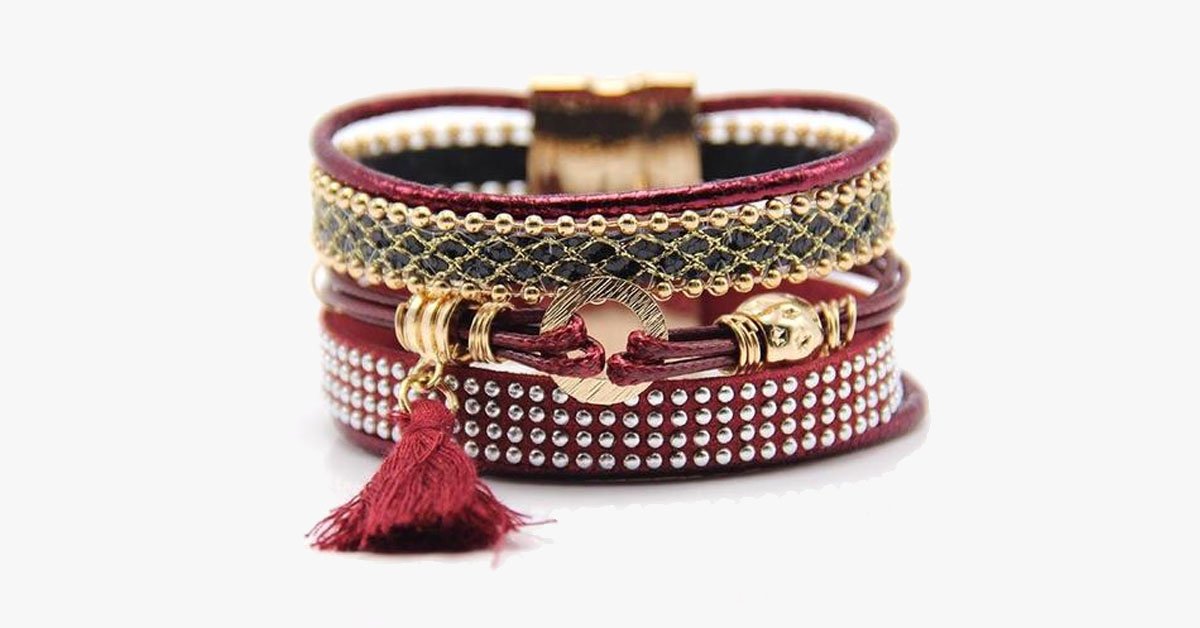 Rhinestone Leather Tassels Magnet Bracelet