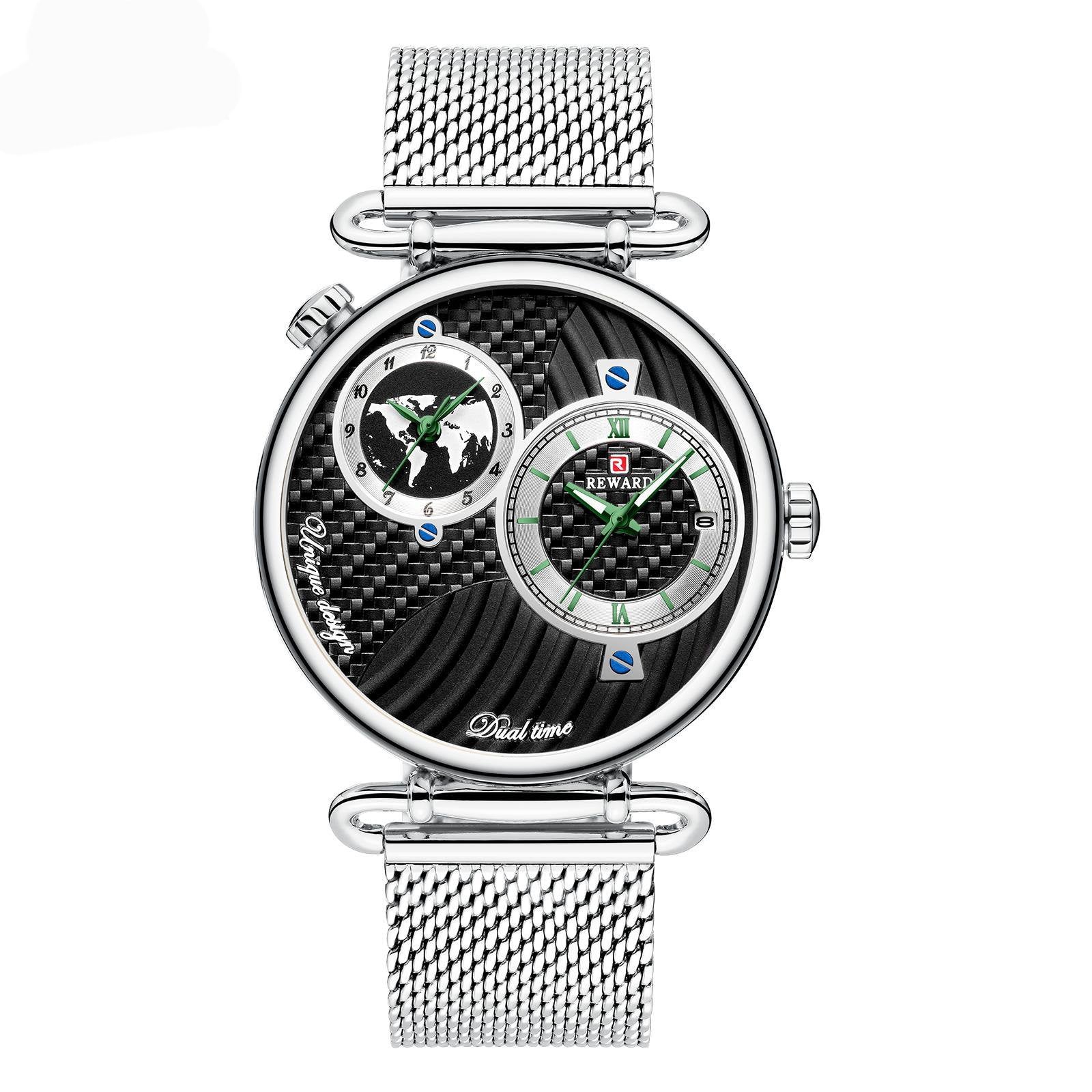 Men's Waterproof Japanese Quartz Watch, With Two Time Zone & Stainless Steel Band