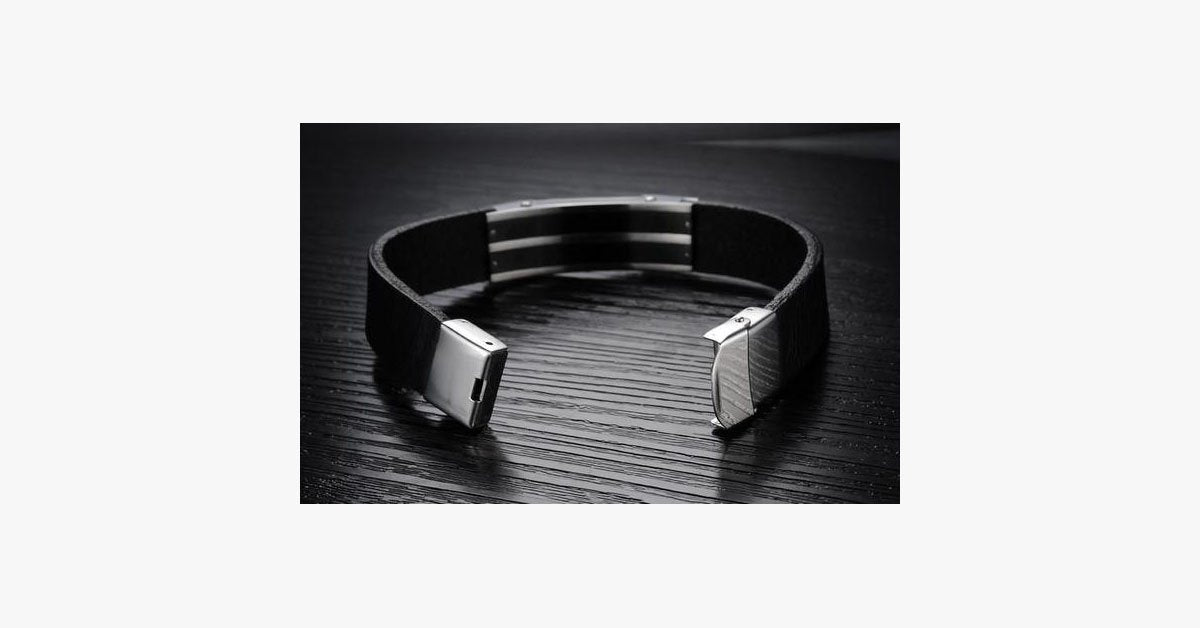 Genuine Leather Bold Men's Stainless Steel Bracelet