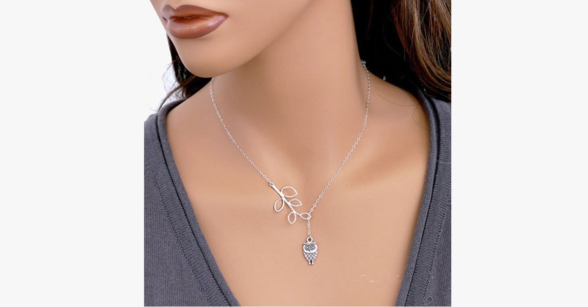 Modern, Stylish Hollow Leaf, and Owl Charm Necklace