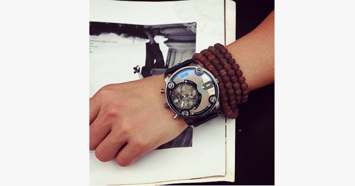Men's Leather Band Steel Shell Watch