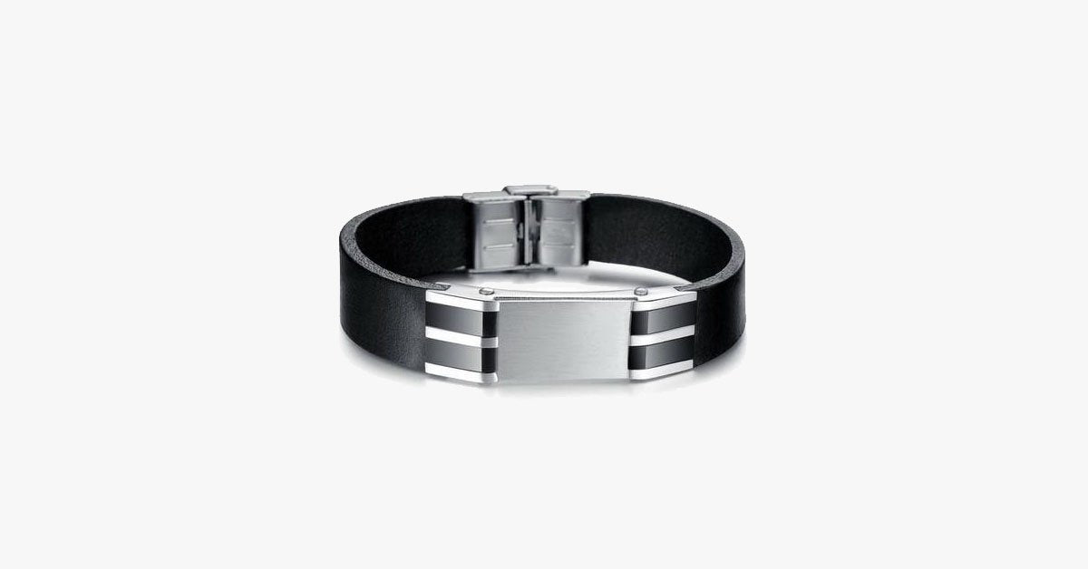Genuine Leather Bold Men's Stainless Steel Bracelet