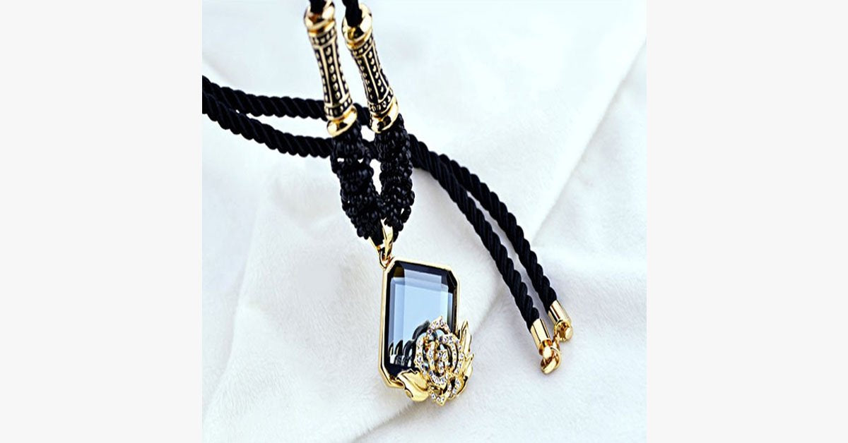 Rose Crystal Black Rope Necklace