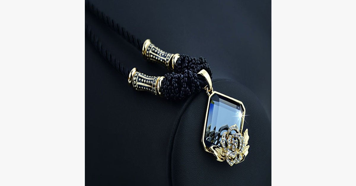 Rose Crystal Black Rope Necklace