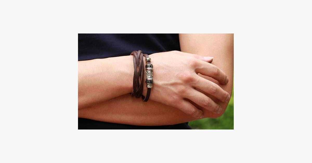 Genuine Leather Heavy Charm Men's Stainless Steel Bracelet