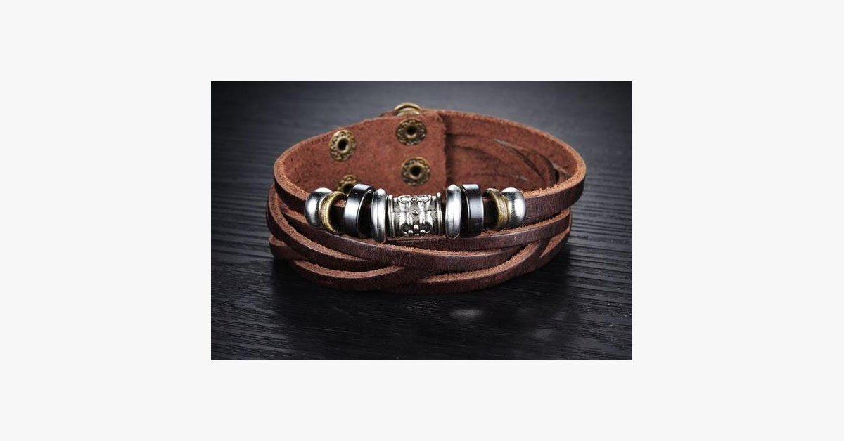 Genuine Leather Heavy Charm Men's Stainless Steel Bracelet