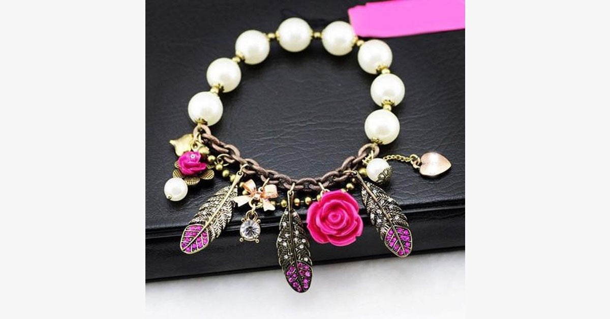 Pink Flower Feather Pearl Stretch Bracelet