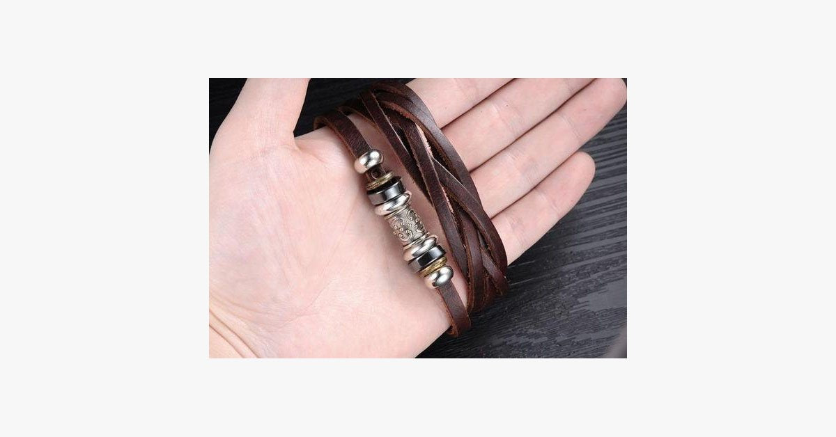 Genuine Leather Heavy Charm Men's Stainless Steel Bracelet