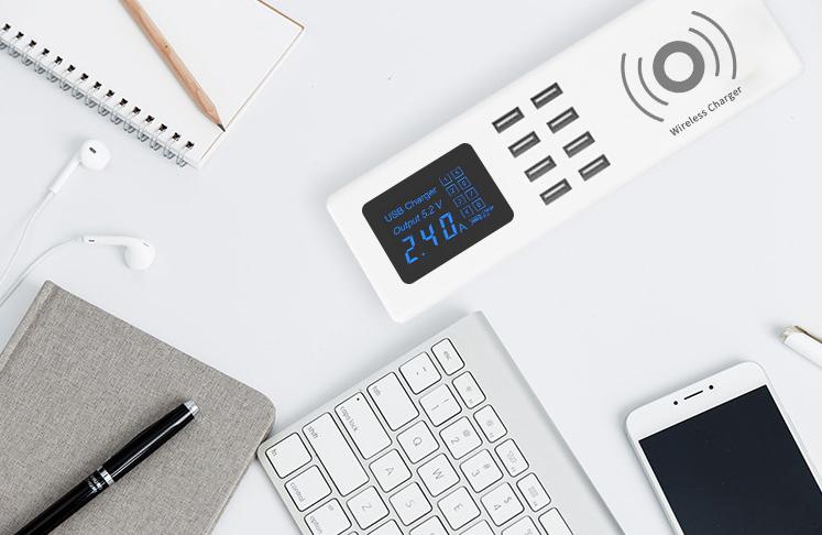 8-port Wired & Wireless Charge Station with Digital Display