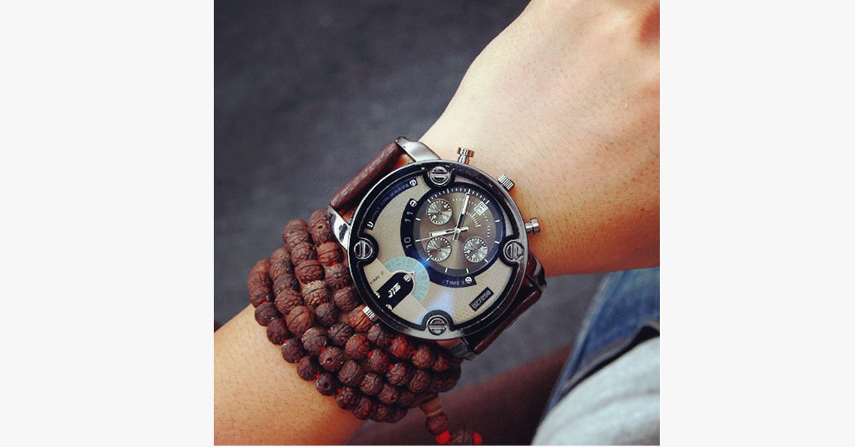 Men's Leather Band Steel Shell Watch