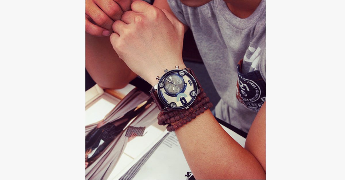 Men's Leather Band Steel Shell Watch