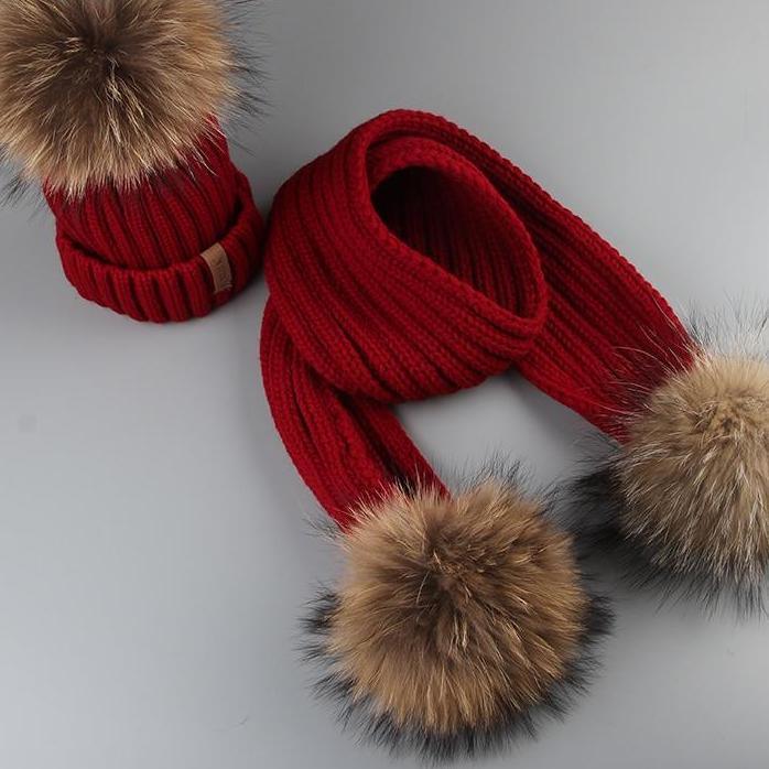 Winter Baby Real Fur Pompom Knit Beanie and Scarves Set for Kids