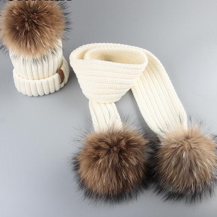 Winter Baby Real Fur Pompom Knit Beanie and Scarves Set for Kids