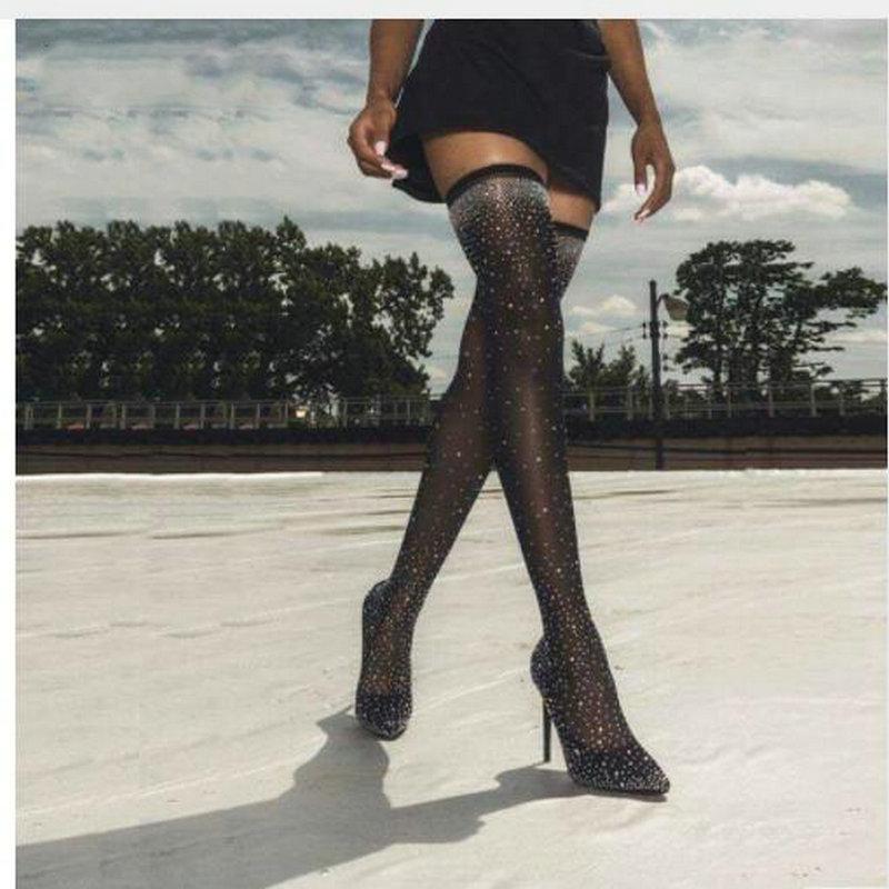 Women Casual Boots Sexy Pointed Toe Crystal Elastic High Heels Stockings Booties