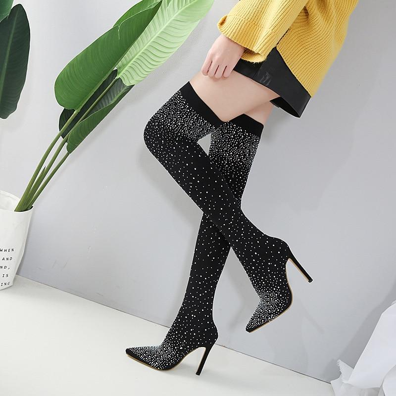 Women Casual Boots Sexy Pointed Toe Crystal Elastic High Heels Stockings Booties