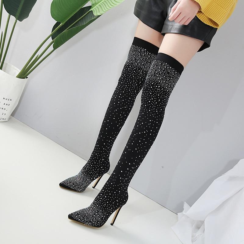 Women Casual Boots Sexy Pointed Toe Crystal Elastic High Heels Stockings Booties