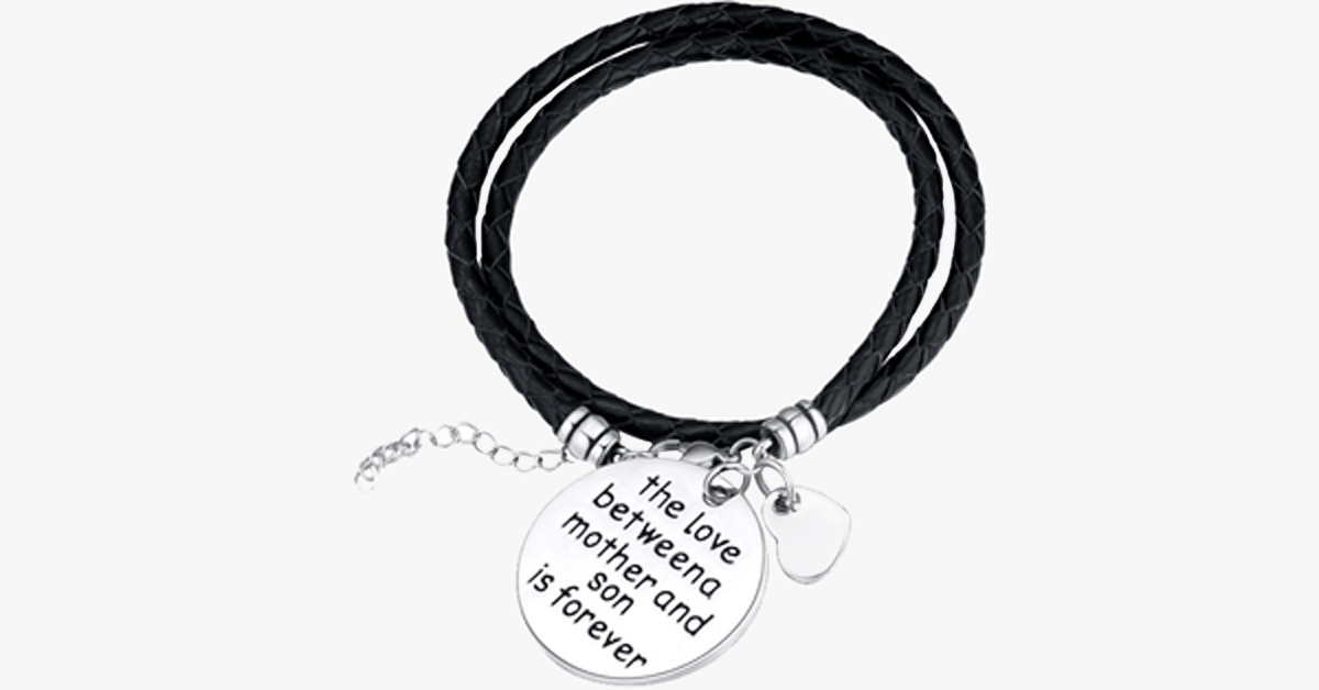 The Love Between A Mother And Son is Forever - Hand Stamped Bracelet to Celebrate the Mother-Son Love - Made of Vegan Leather and Zinc Alloy Charms