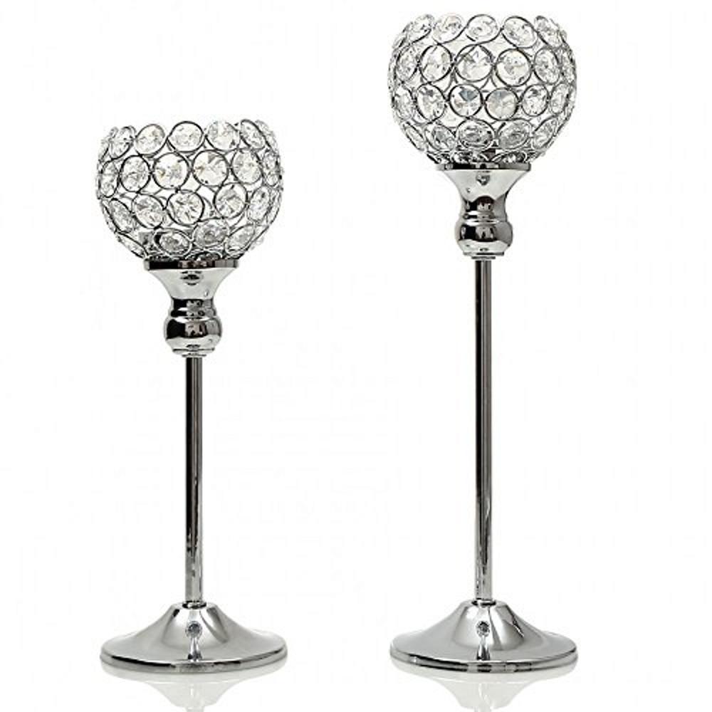 Pair Silver Crystal Vintage Candle Holders Stand Metal Candlesticks Wedding Table Centerpieces Christmas Home Party Decoration