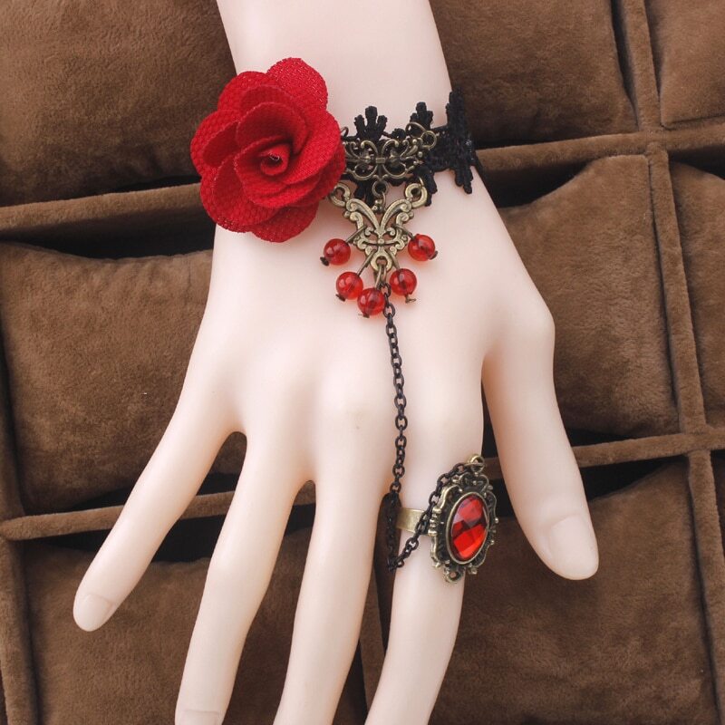 Red Rose Ring-to-Wrist Bracelet