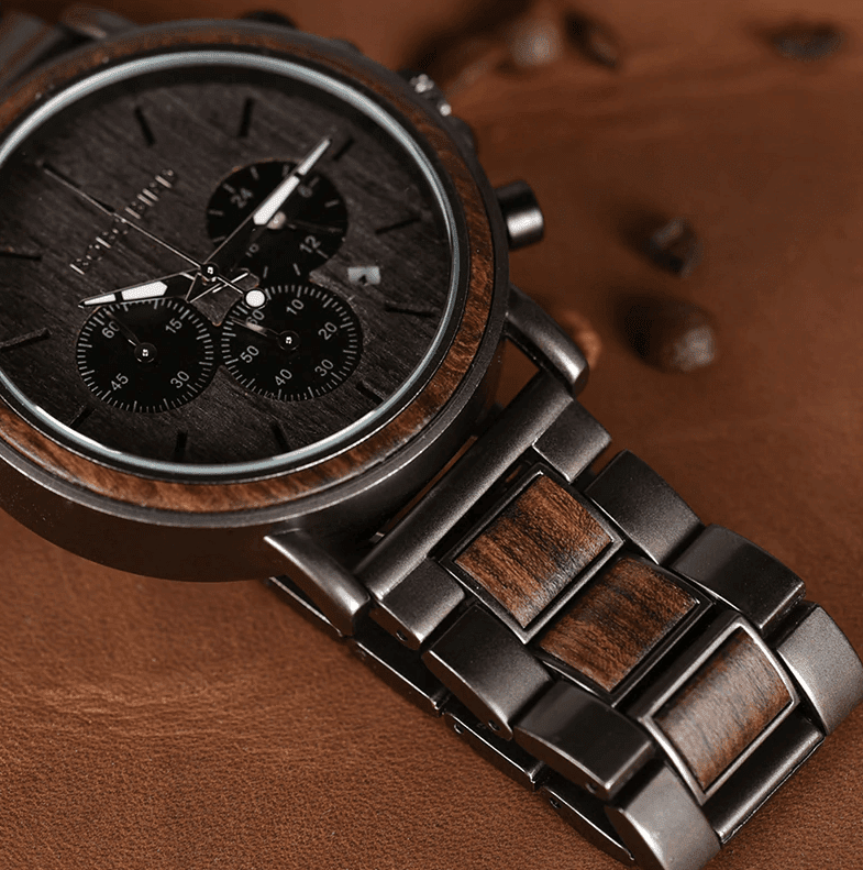 Wood Stainless Steel Mens Wooden Watch Chronograph