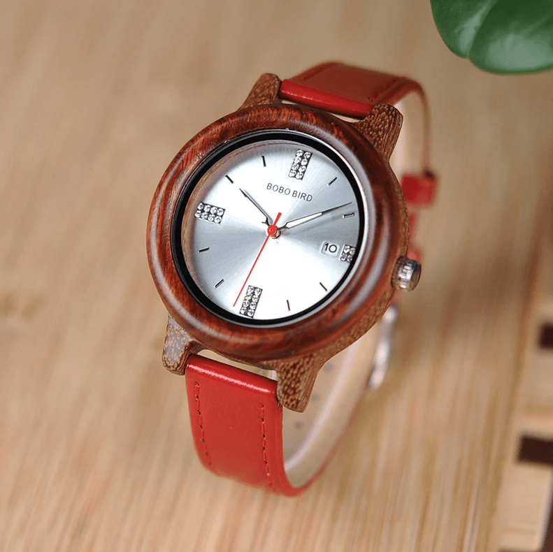 Womens Wooden Watch (Pink or Red) With Date Display