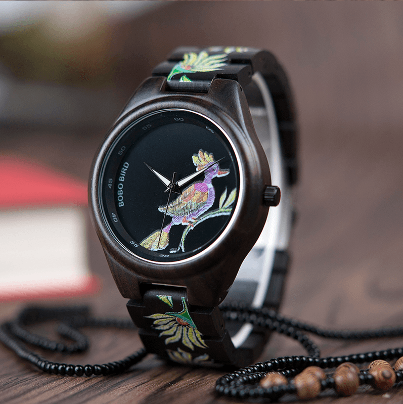 Bamboo Wooden Watch for Women With Embroidered Face
