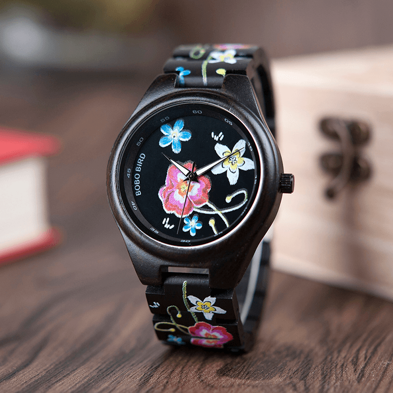Bamboo Wooden Watch for Women With Embroidered Face
