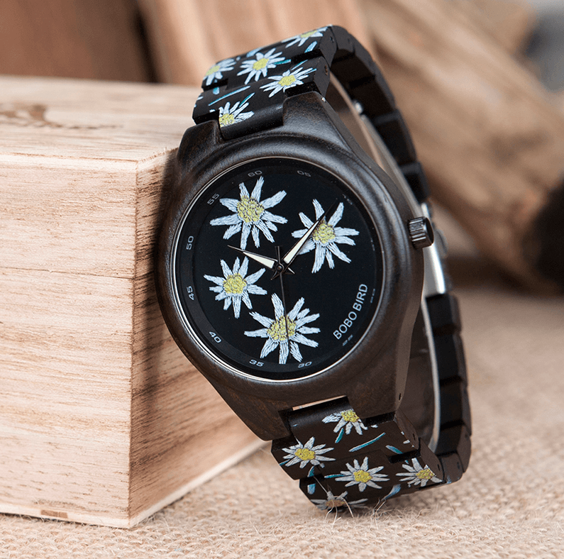 Bamboo Wooden Watch for Women With Embroidered Face