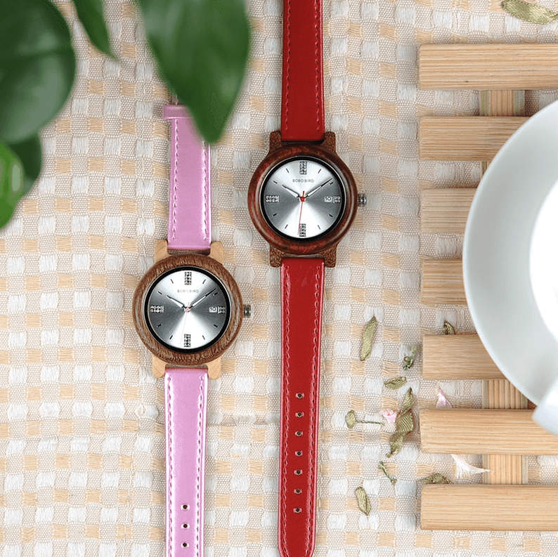 Womens Wooden Watch (Pink or Red) With Date Display