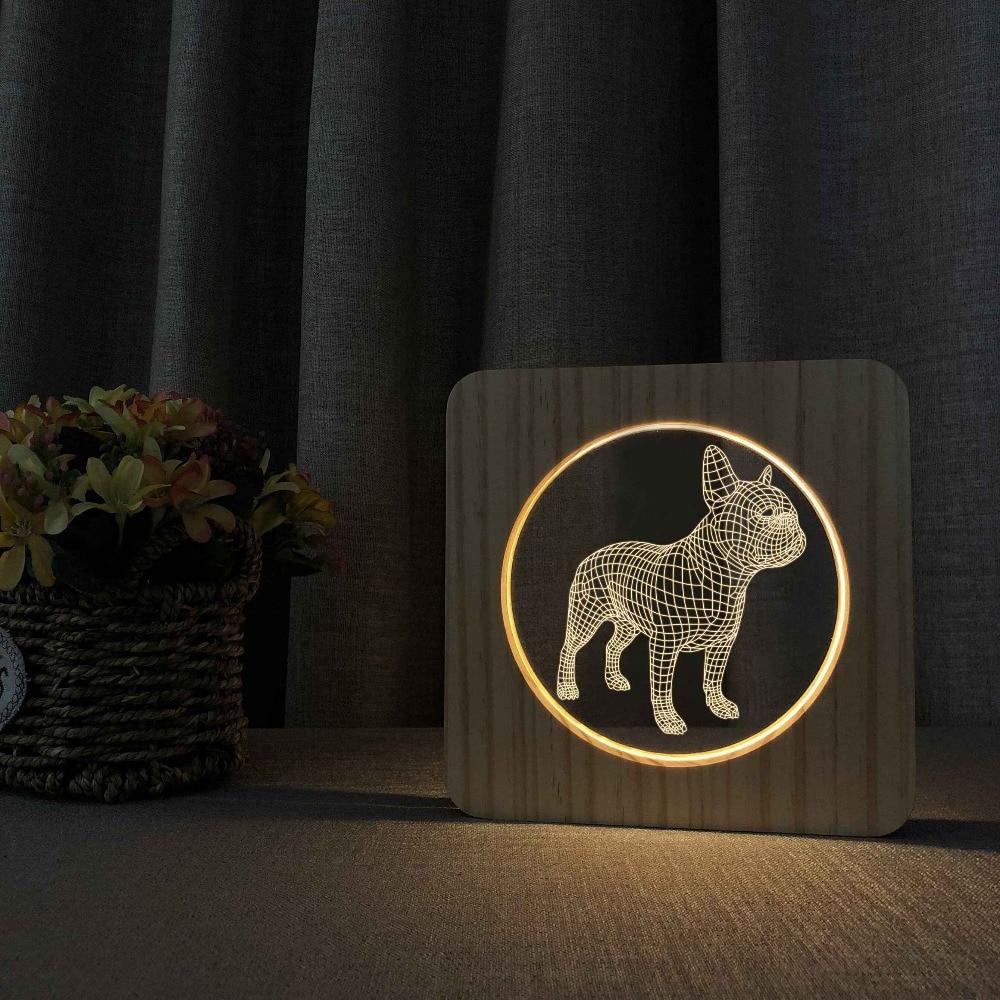 Wooden French Bulldog 3D LED Night Light