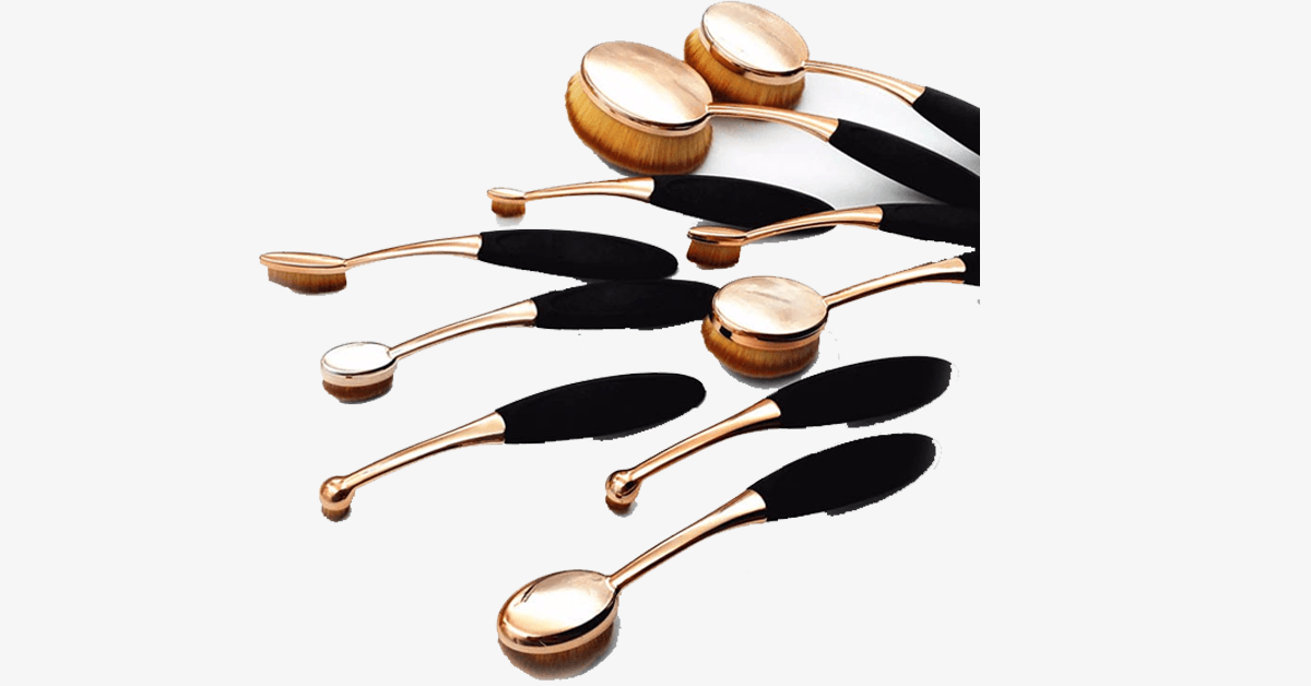 Professional Multipurpose Black & Gold Oval Makeup Brushes - Set of 10