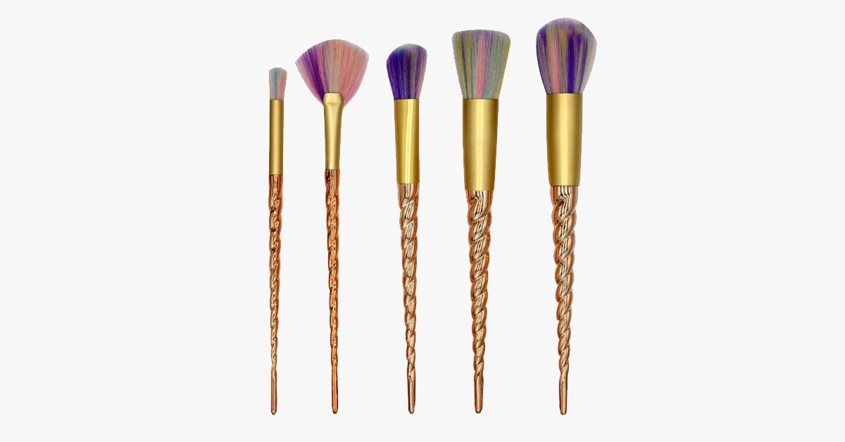 Gold Twisted Unicorn Makeup Brush Set With 5Synthetic Brushes- Gives You The Perfect Makeup!