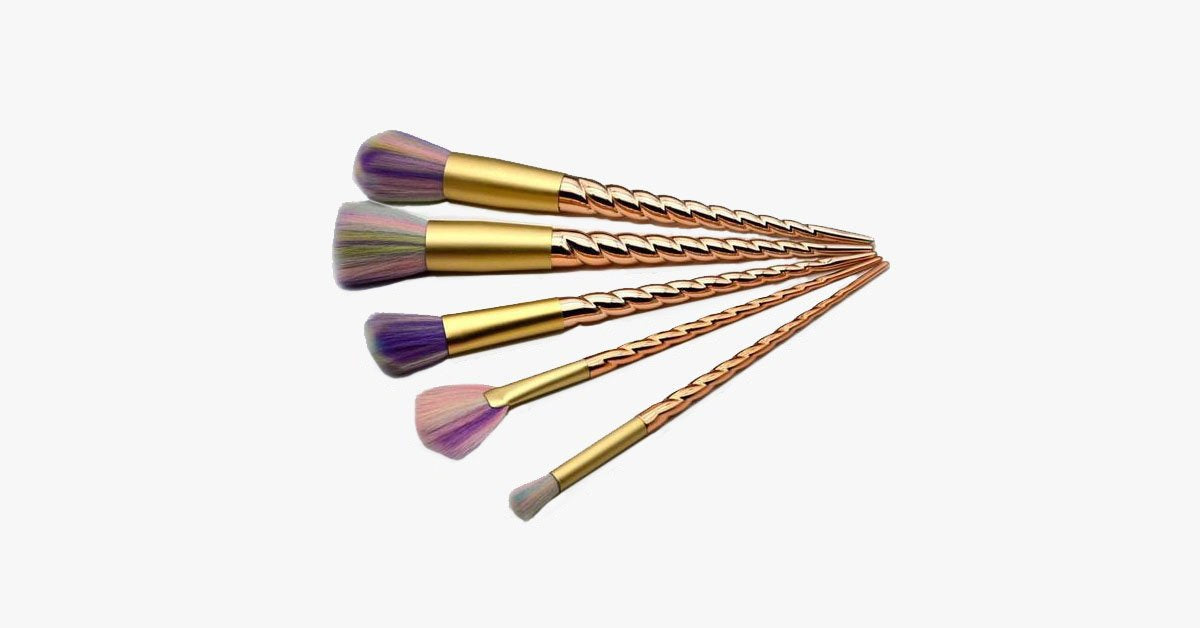 Gold Twisted Unicorn Makeup Brush Set With 5Synthetic Brushes- Gives You The Perfect Makeup!