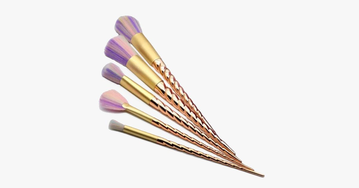 Gold Twisted Unicorn Makeup Brush Set With 5Synthetic Brushes- Gives You The Perfect Makeup!