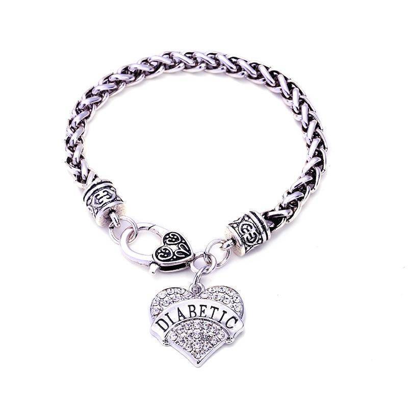 Womens Diabetic Medical Alert ID Bracelet - Pink, Blue, Clear or Red Crystal Hearts - Diabetes